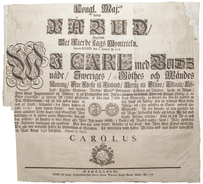 Påbud om mynttecknet Flink och Färdig. Lund den 6 januari 1718
