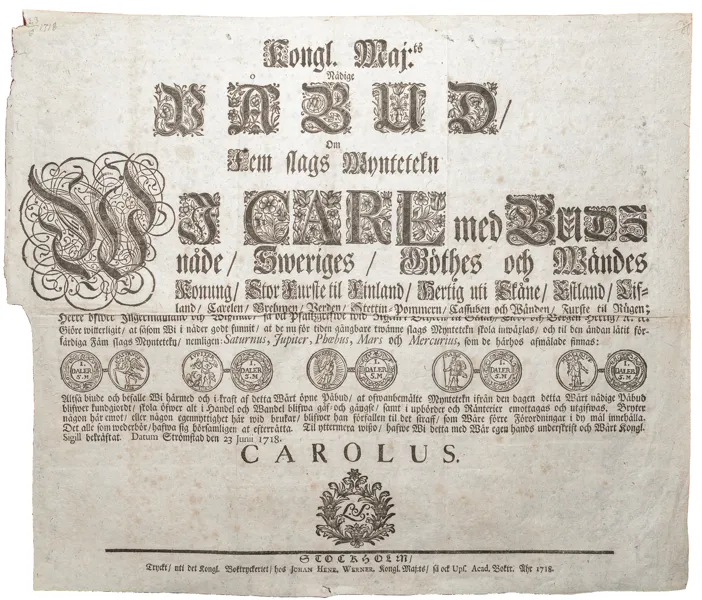 Påbud om mynttecknen Satvrnvs, Ivpiter, Phoebus, Mars och Mercvrivs. Strömstad den 23 juni 1718
