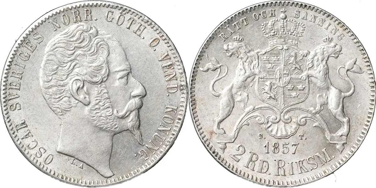 2 riksdaler riksmynt 1857. Ettårstyp