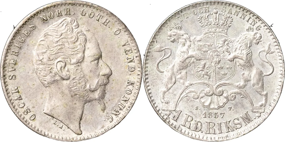 Riksdaler riksmynt 1857. Längre pipskägg