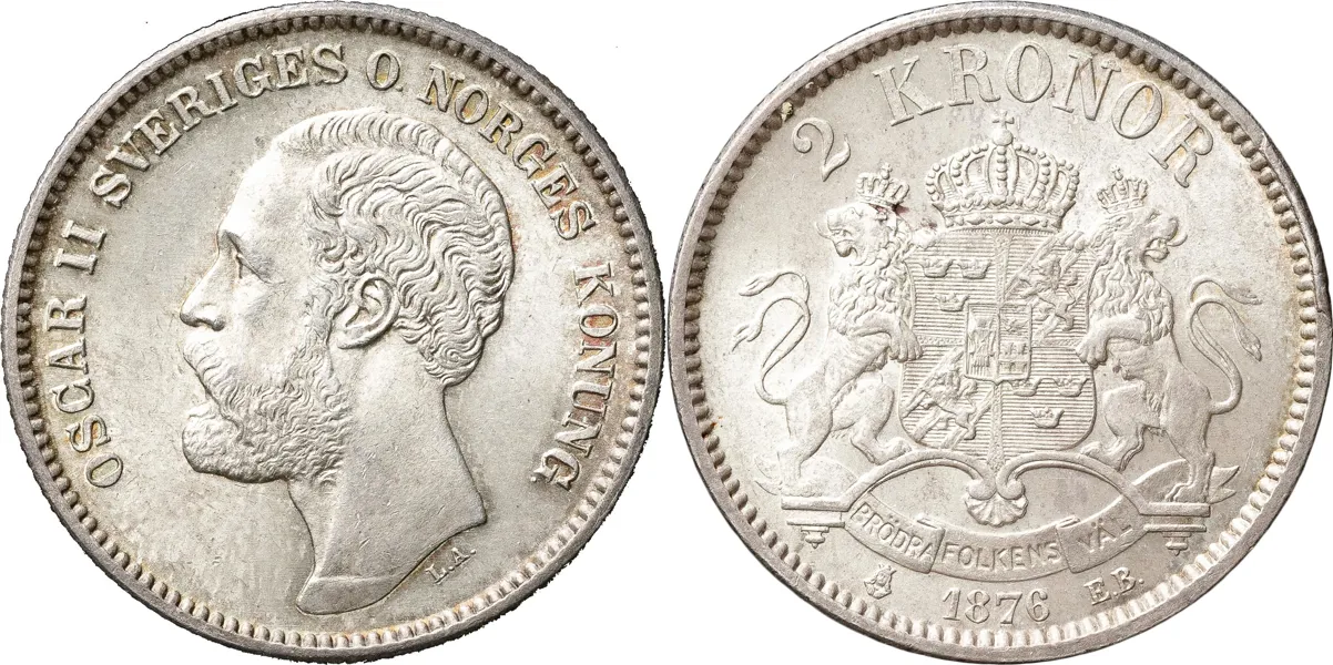 2 kronor 1876. Hopträngt årtal