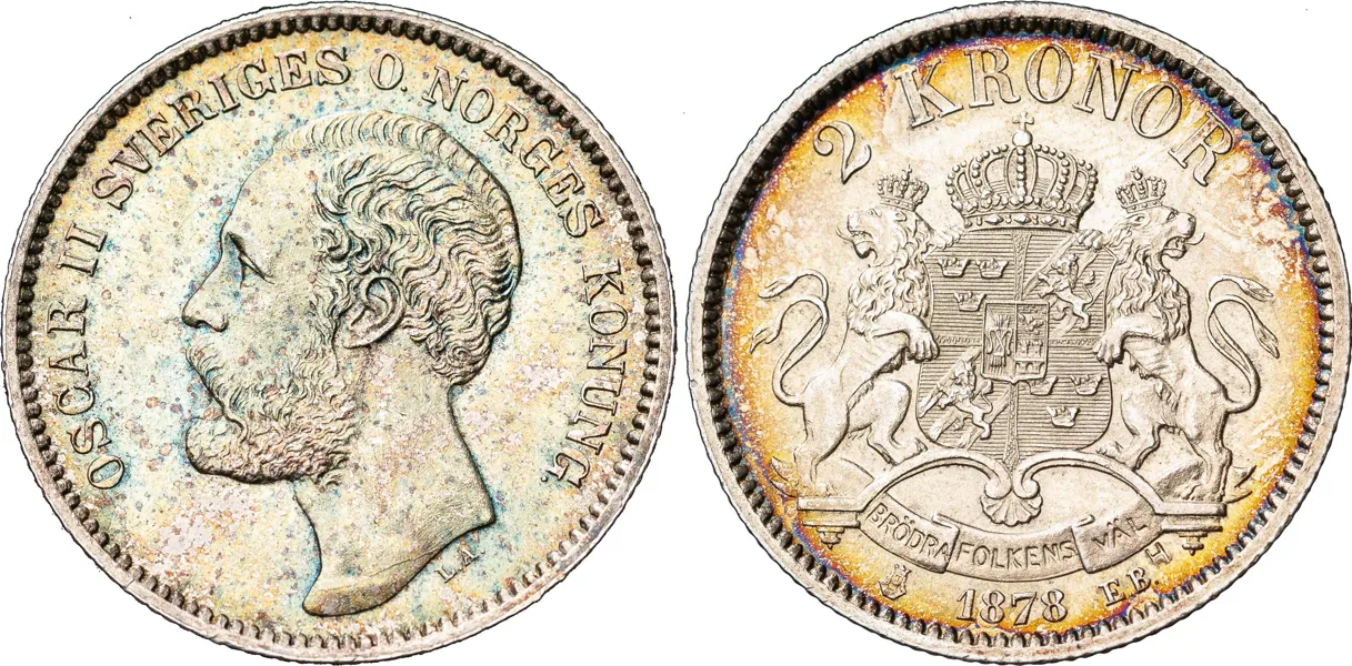 2 kronor 1878. Äldre typ med O i omskriften