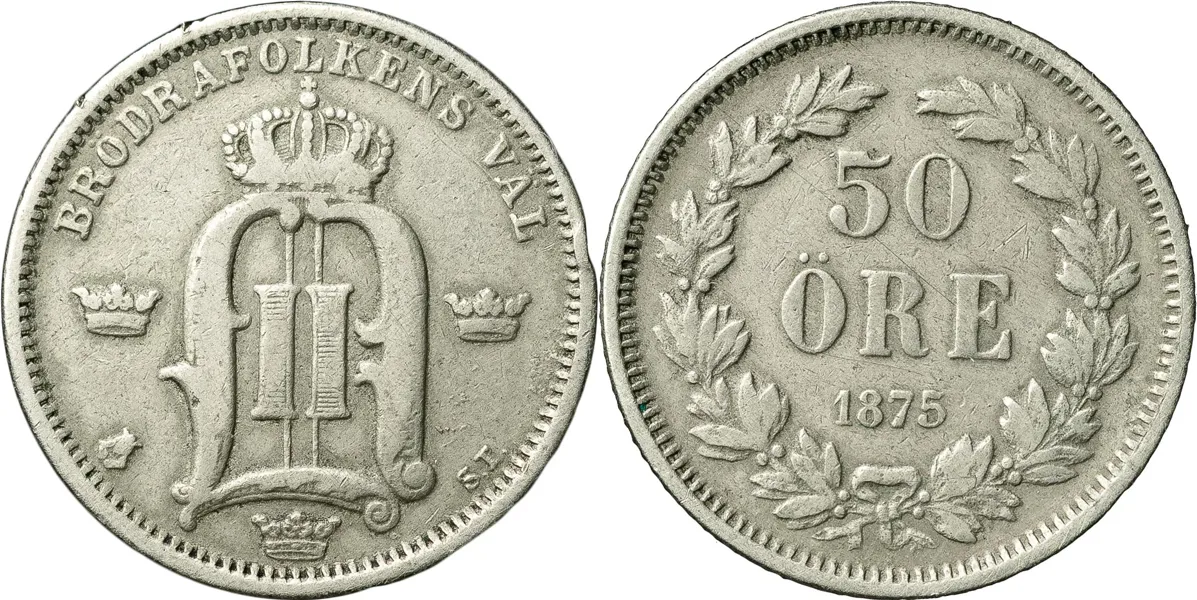 50 öre 1875. Samtida förfalskning av den så kallade Trollhätte-Svensson