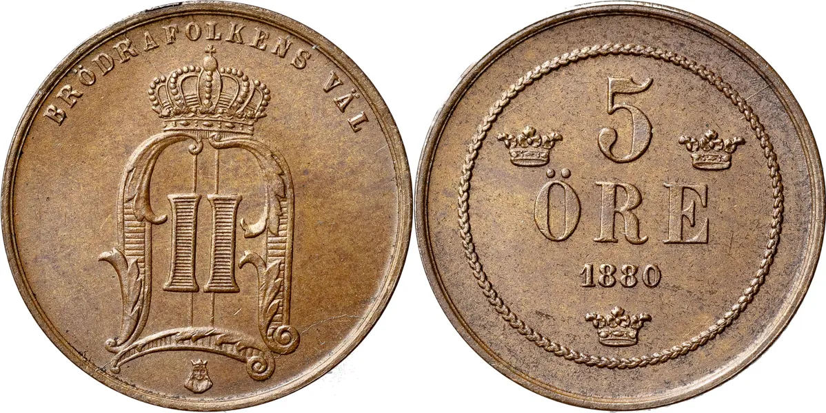 5 öre 1880. Sista 8:an omgraverad från en 7:a