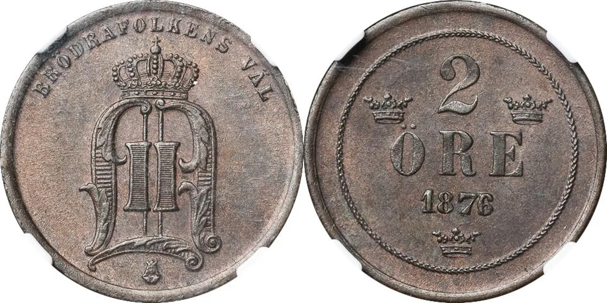 2 öre 1876. Sista årtalssiffran omgraverad från en 5:a