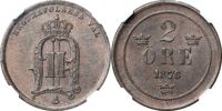 2 öre 1876. Sista årtalssiffran omgraverad från en 5:a