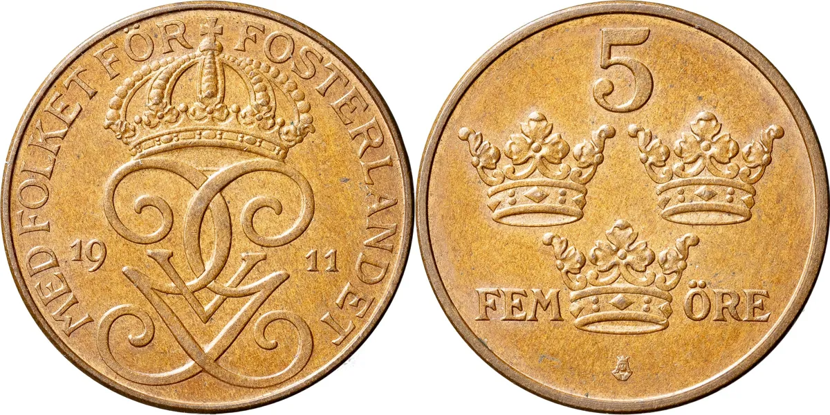 5 öre 1911. S:t Erik med smal bas