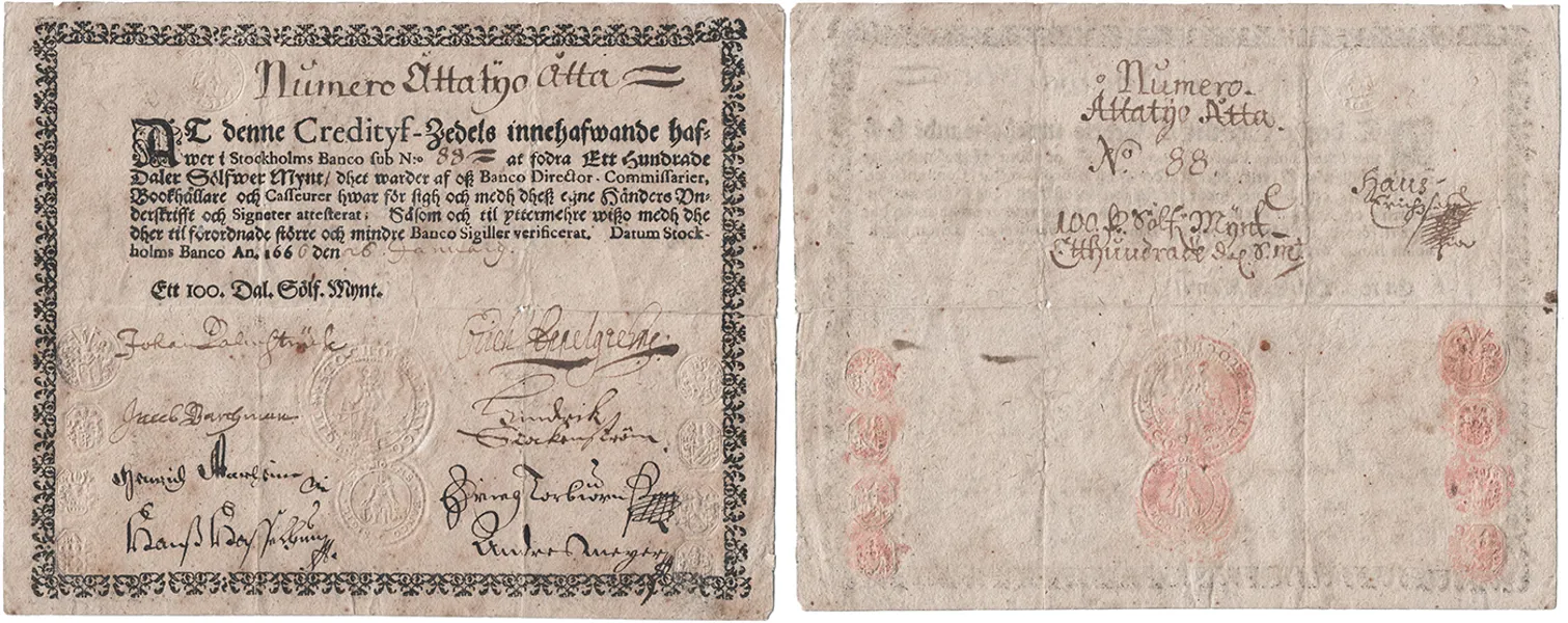 Stockholms Banco (Palmstruchska banken). 100 daler SM 1666