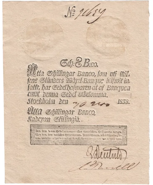 8 skilling banco 1838. Nr 96659 (?)