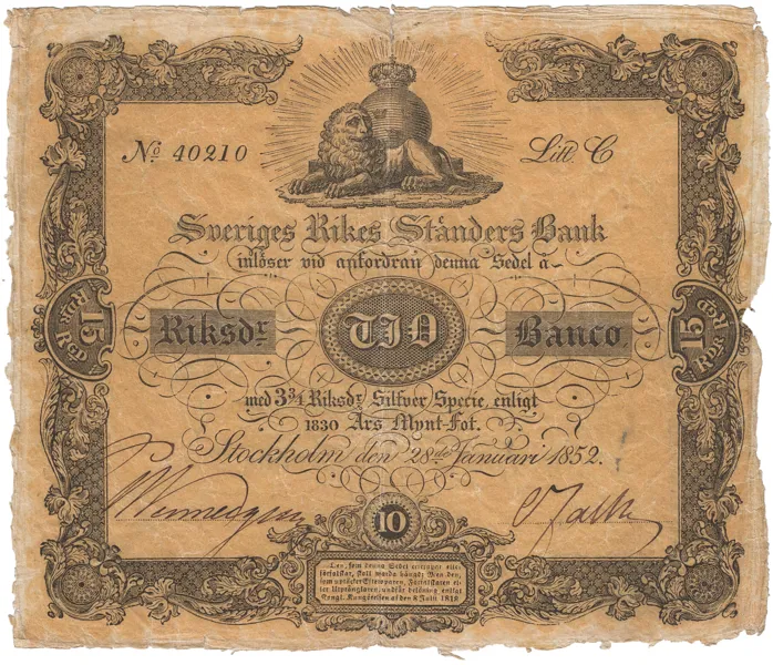 10 riksdaler banco 1852. C 40210