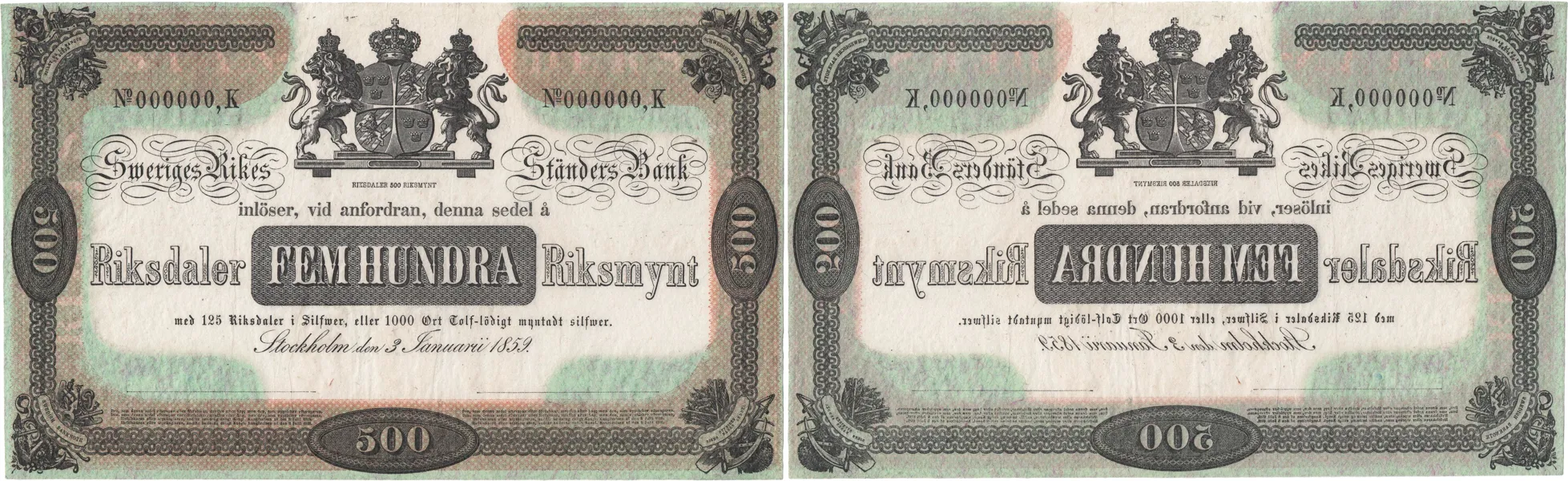 500 riksdaler riksmynt 1859. Nr 000000, K