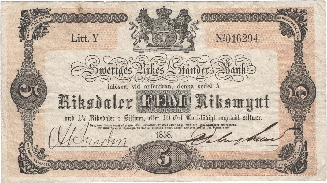 5 riksdaler riksmynt 1858. Y 016294