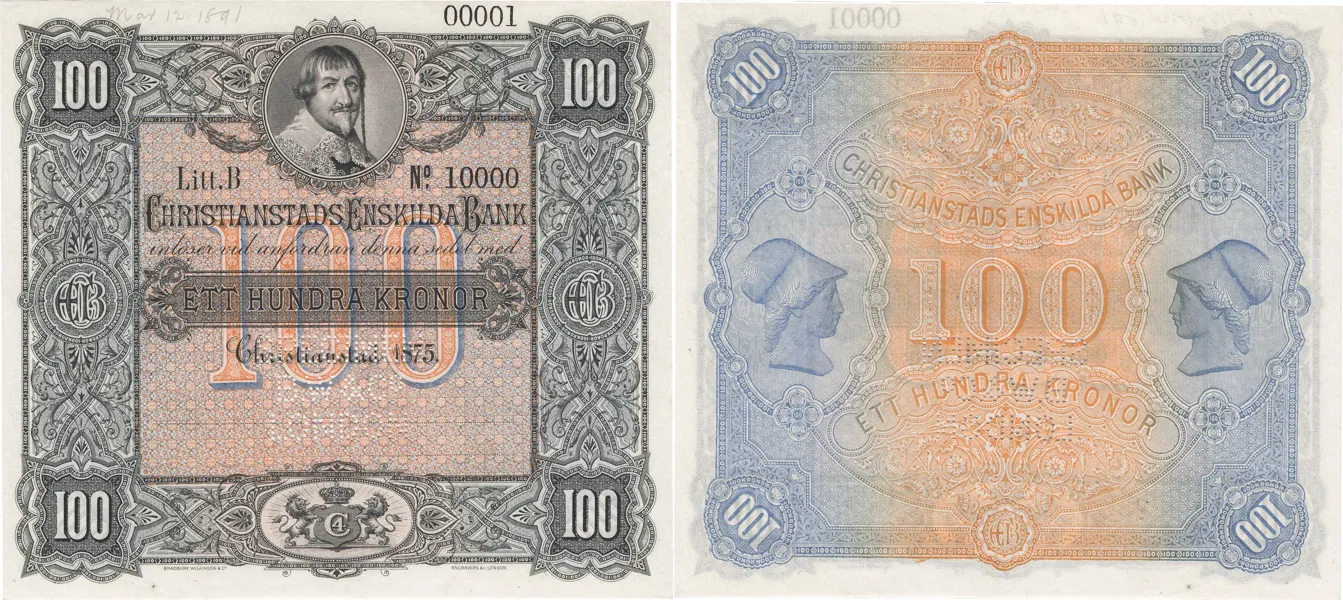 CHRISTIANSTADS ENSKILDA BANK. Andra oktrojen. 100 kronor 1875