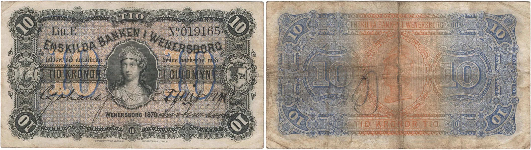 ENSKILDA BANKEN I WENERSBORG. Andra oktrojen. 10 kronor 1879