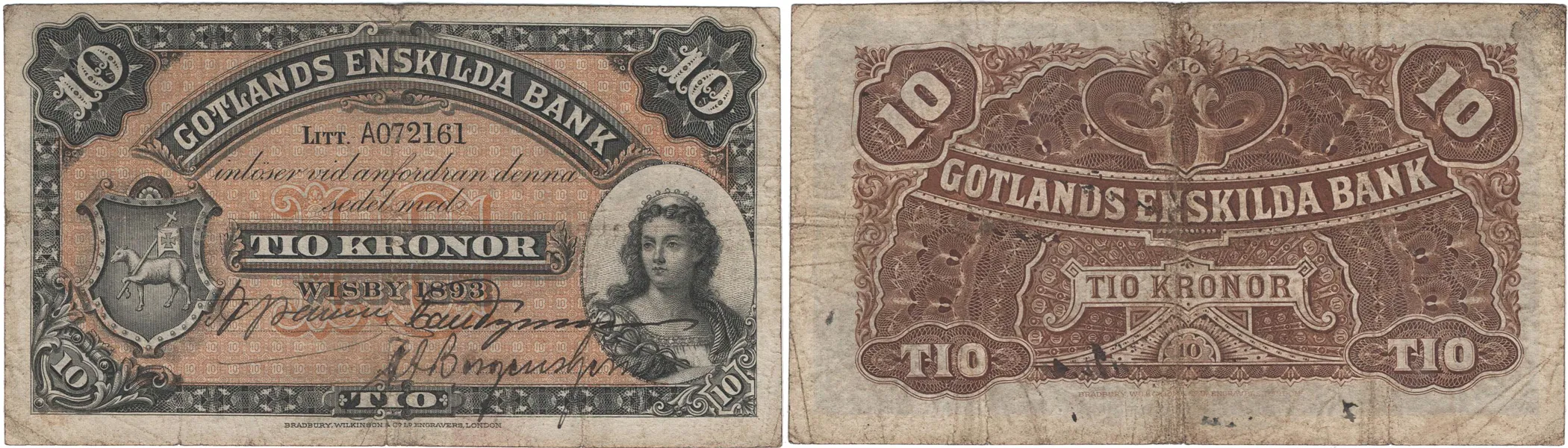GOTLANDS ENSKILDA BANK. Tredje oktrojen. 10 kronor 1893