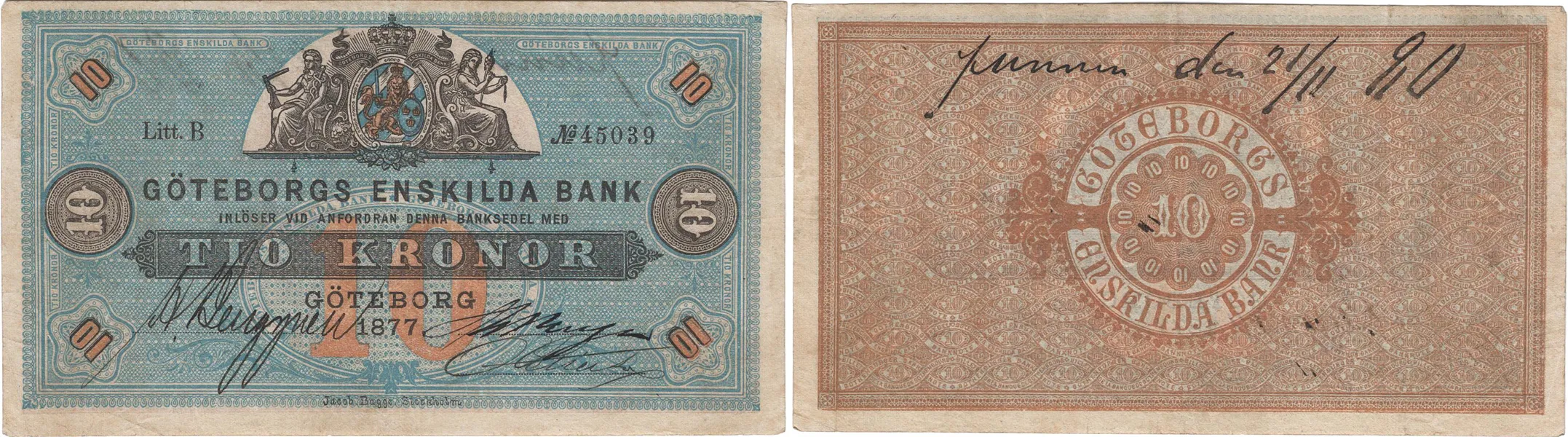 GÖTEBORGS ENSKILDA BANK. Tredje oktrojen. 10 kronor 1877