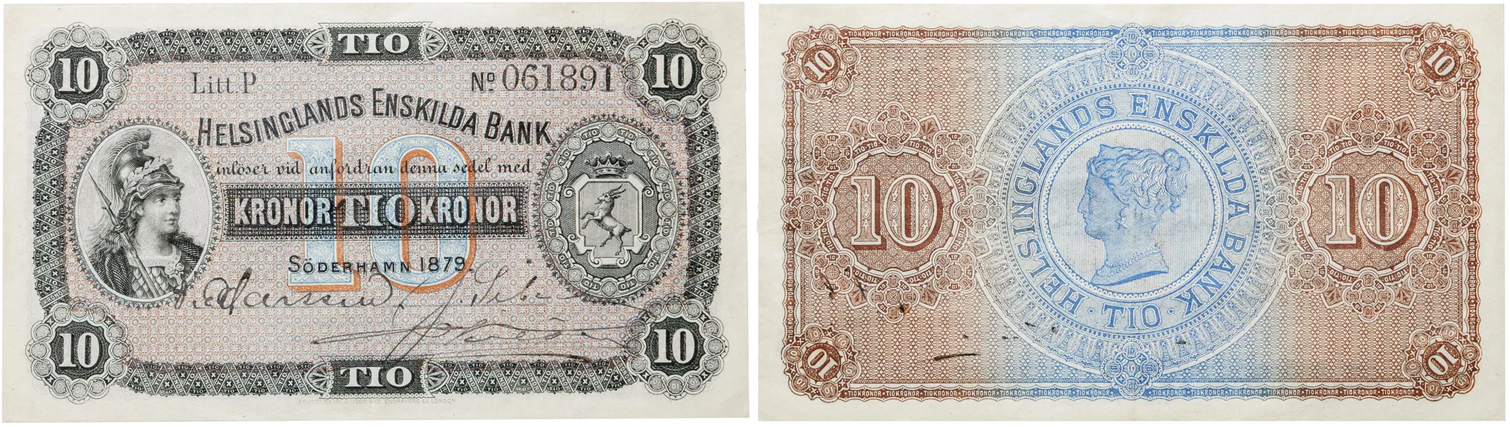 HELSINGLANDS ENSKILDA BANK. Första oktrojen. 10 kronor 1879