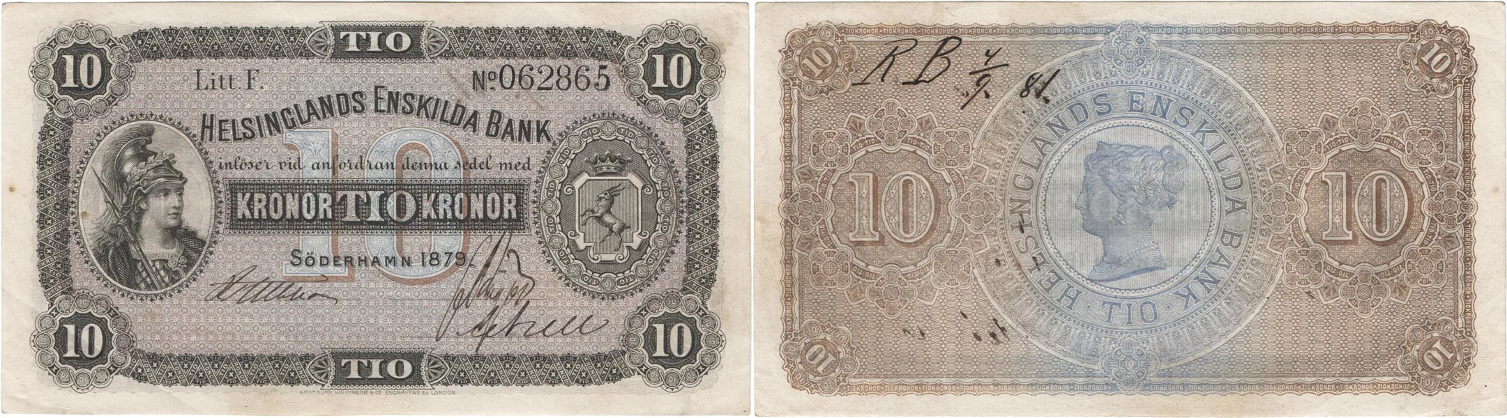 HELSINGLANDS ENSKILDA BANK. Första oktrojen. 10 kronor 1879