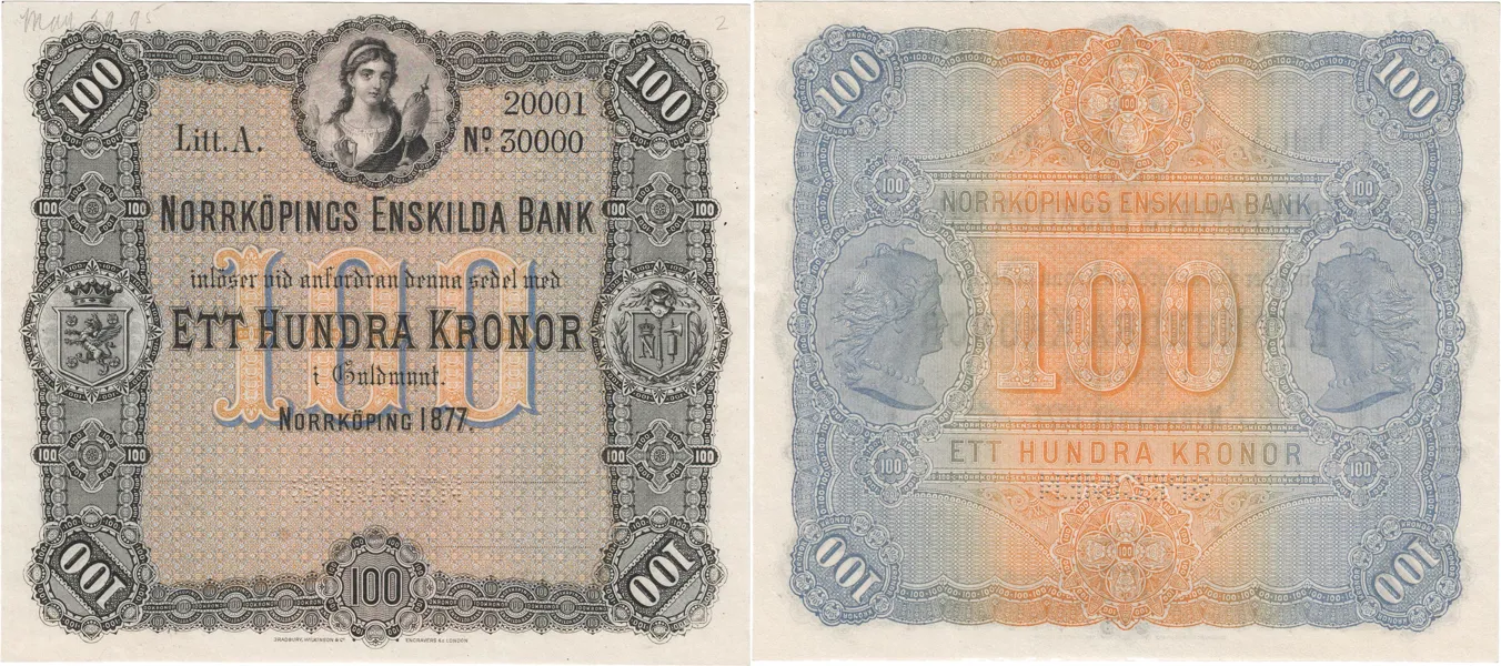 NORRKÖPINGS ENSKILDA BANK. Tredje oktrojen. 100 kronor 1877