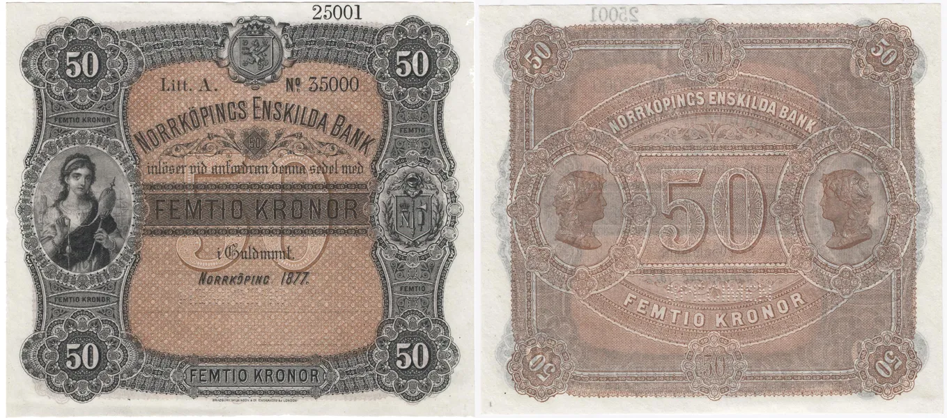 NORRKÖPINGS ENSKILDA BANK. Tredje oktrojen. 50 kronor 1877