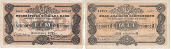 NORRKÖPINGS ENSKILDA BANK. Tredje oktrojen. 5 kronor 1877
