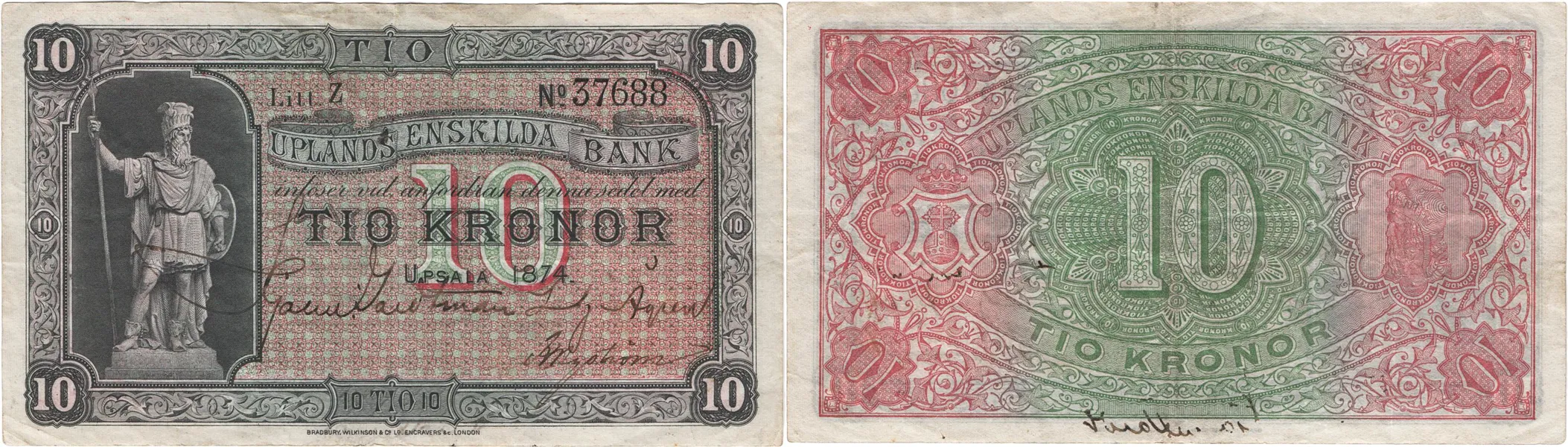UPLANDS ENSKILDA BANK. Första oktrojen. 10 kronor 1874