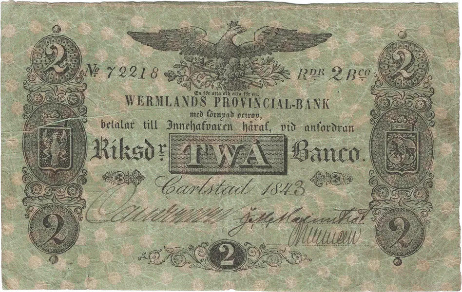 WERMLANDS PROVINCIAL-BANK. Andra oktrojen. 2 riksdaler banco 1843