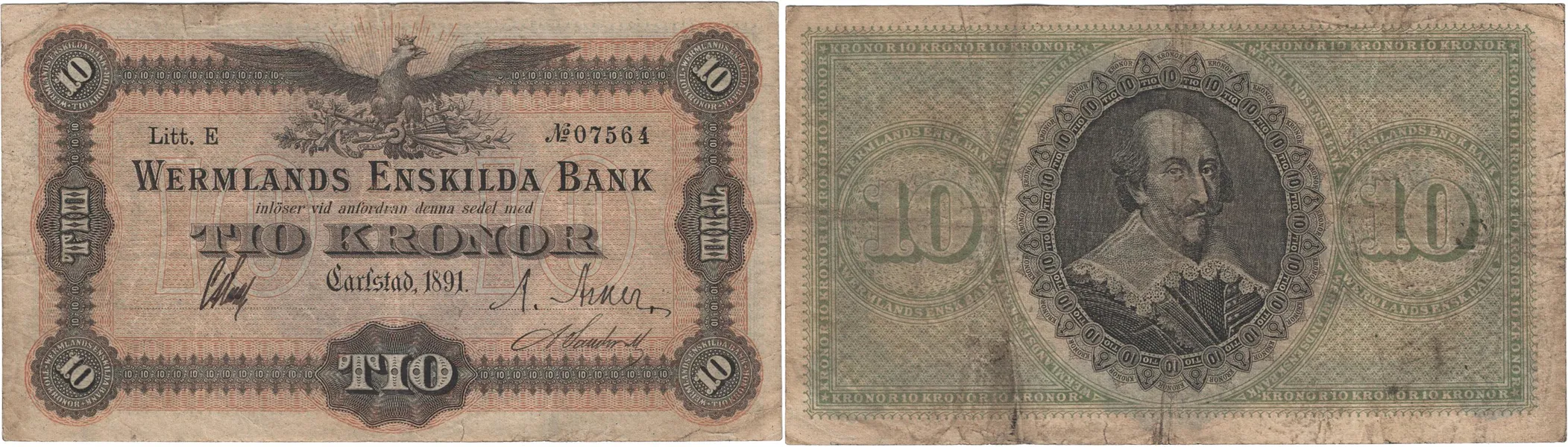 WERMLANDS PROVINCIAL-BANK. Sjunde oktrojen. 10 kronor 1891