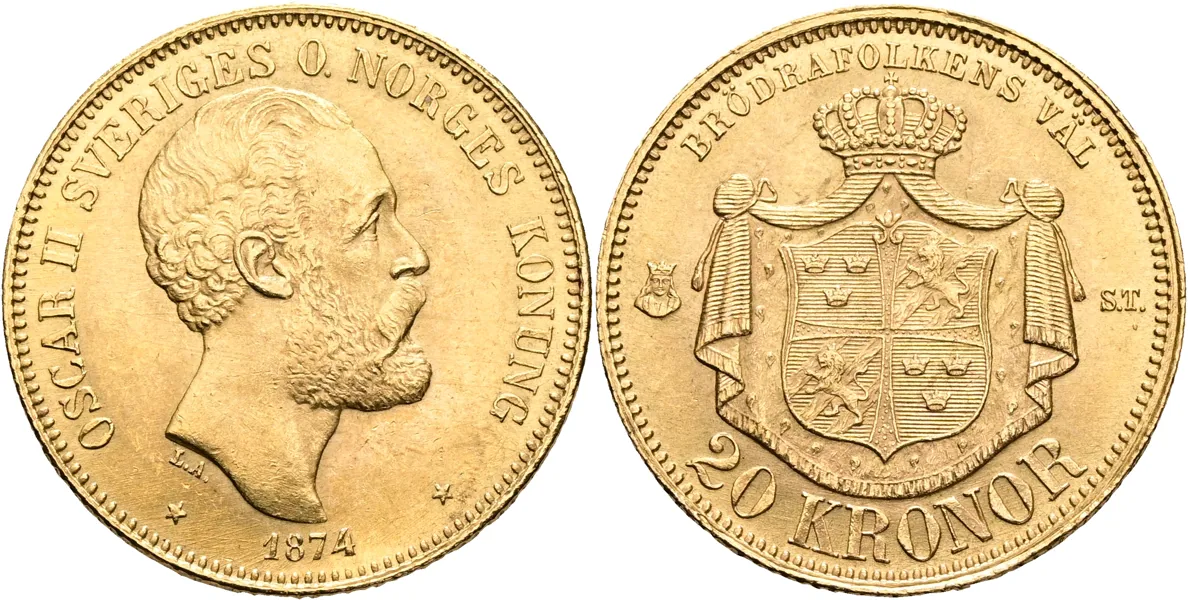 OSKAR II (1872-1907). 20 kronor 1874