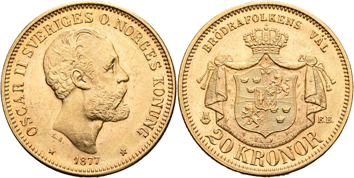 OSKAR II (1872-1907). 20 kronor 1877