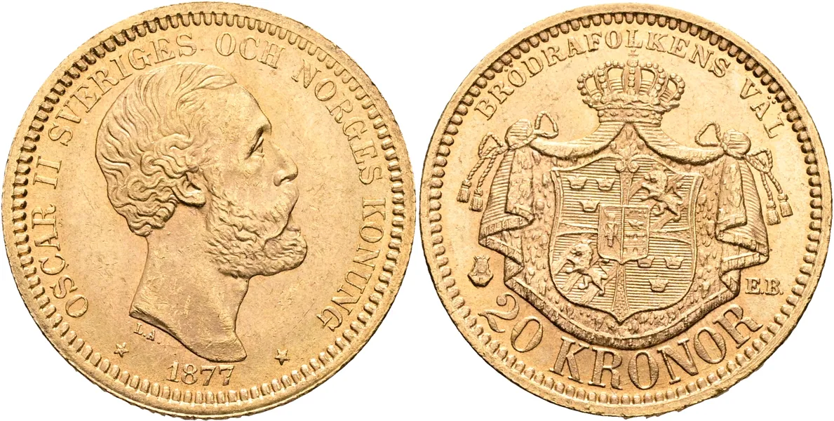 OSKAR II (1872-1907). 20 kronor 1877