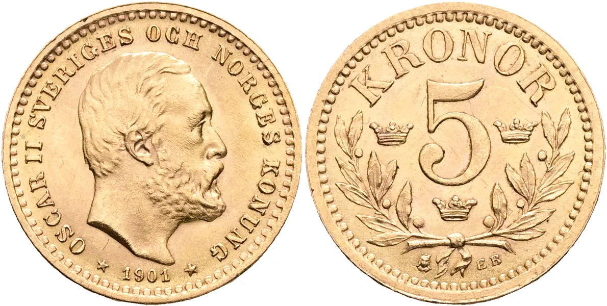 OSKAR II (1872-1907). 5 kronor 1901
