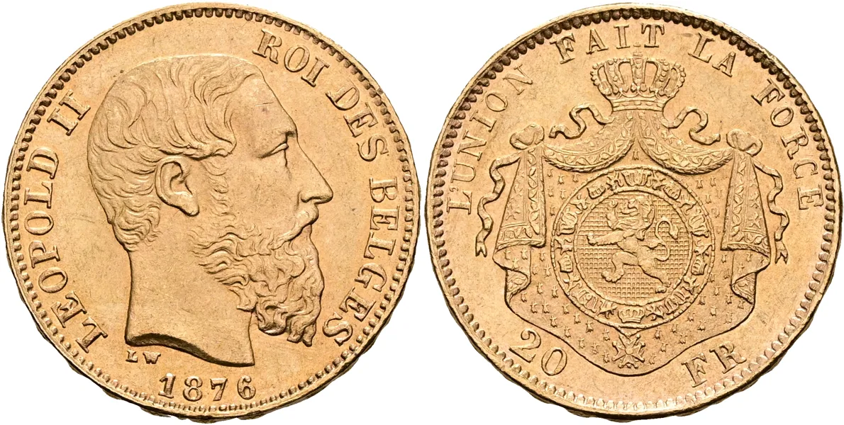 BELGIEN / BELGIUM. 20 francs 1876