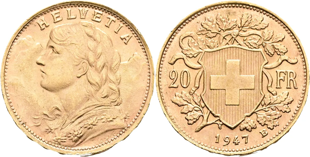 SCHWEIZ / SWITZERLAND. 20 francs 1947