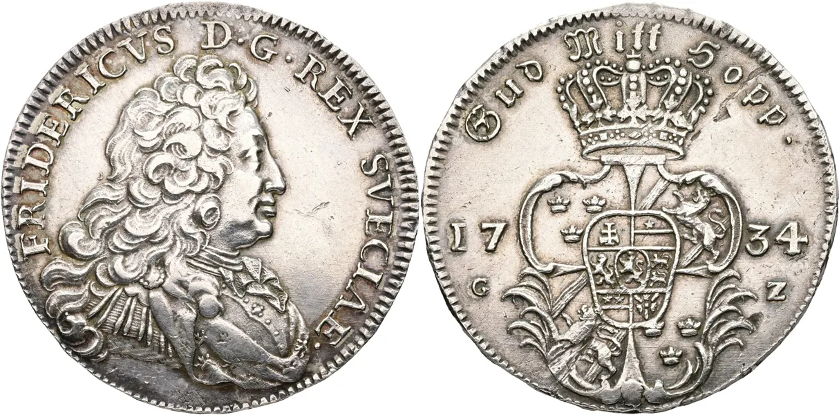 FREDRIK (1720-1751). 1/2 riksdaler 1734