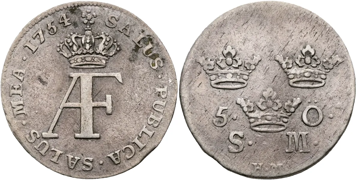 ADOLF FREDRIK (1751-1771). 5 öre 1754