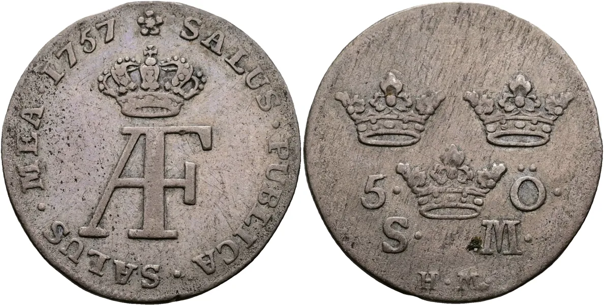 ADOLF FREDRIK (1751-1771). 5 öre 1757