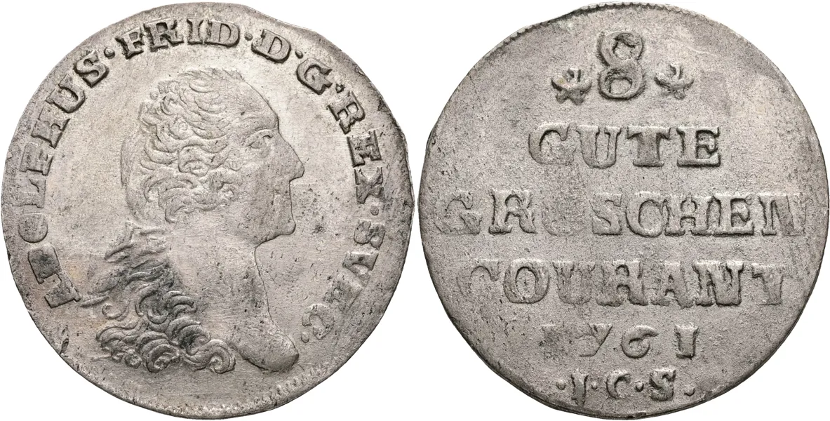 ADOLF FREDRIK (1751-1771). 8 groschen 1761