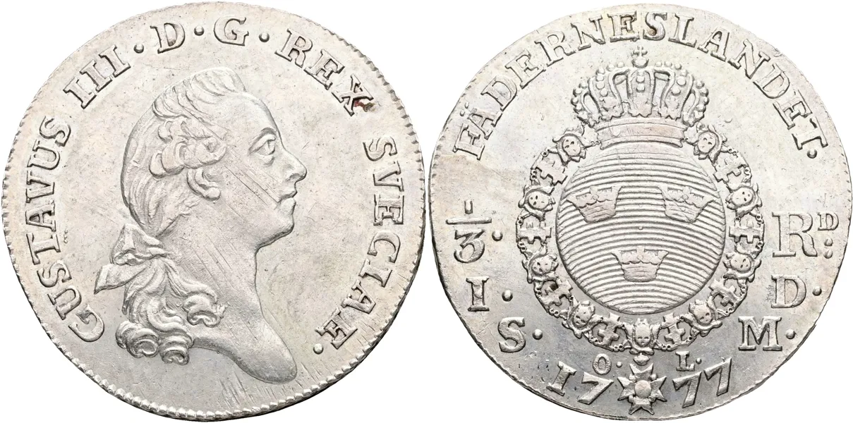 GUSTAV III (1771-1792). 1/3 riksdaler 1777