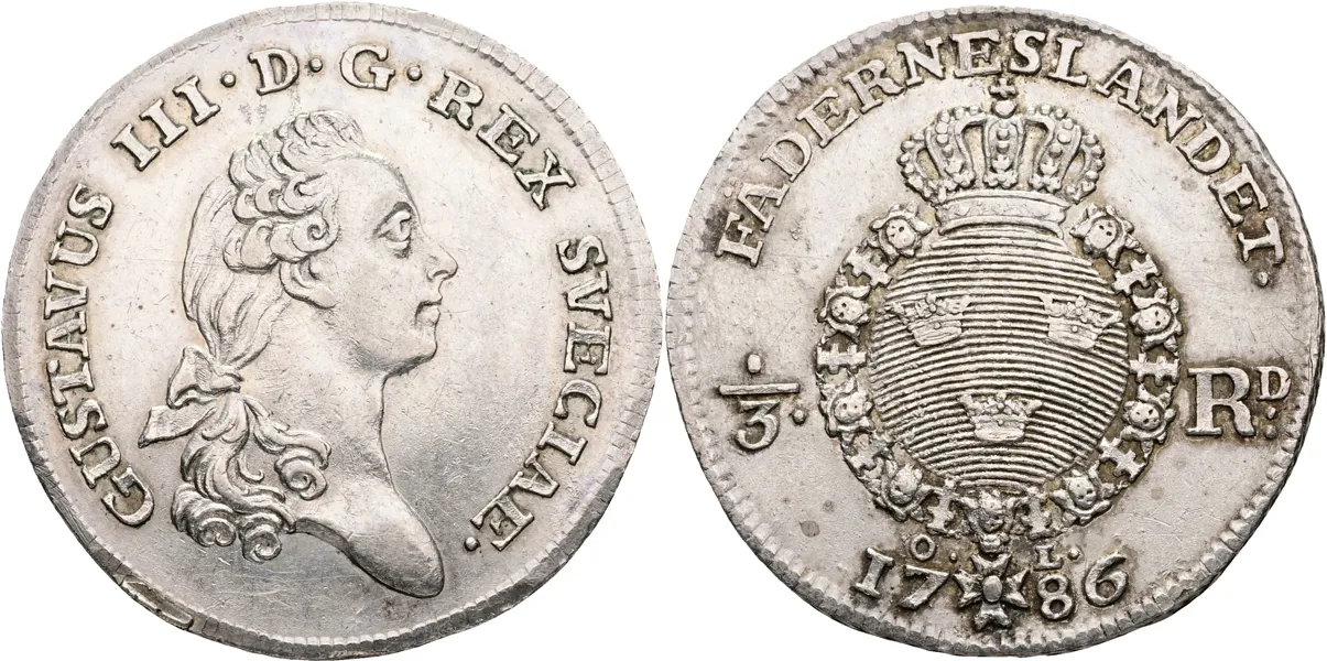 GUSTAV III (1771-1792). 1/3 riksdaler 1786