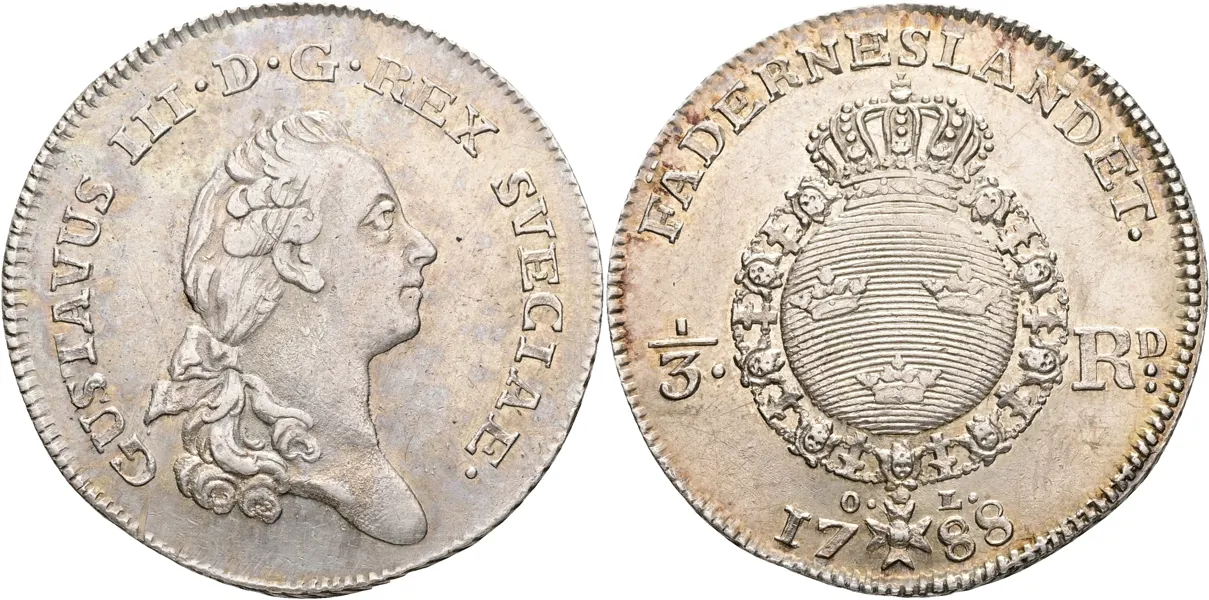 GUSTAV III (1771-1792). 1/3 riksdaler 1788