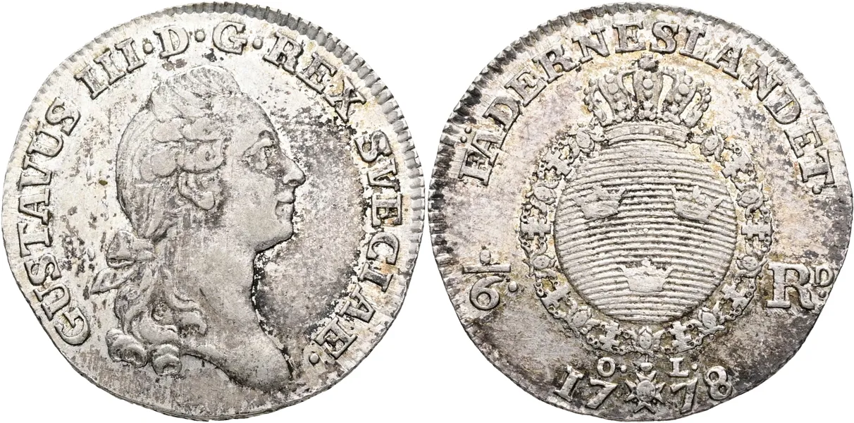 GUSTAV III (1771-1792). 1/6 riksdaler 1778