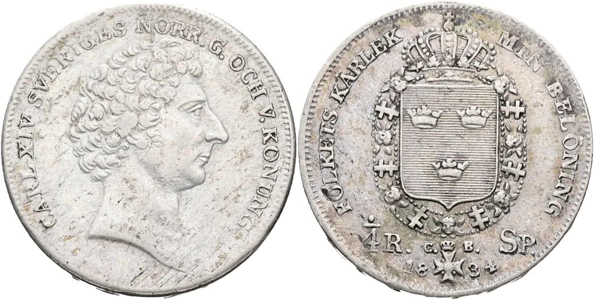 KARL XIV JOHAN (1818-1844). 1/4 riksdaler specie 1834