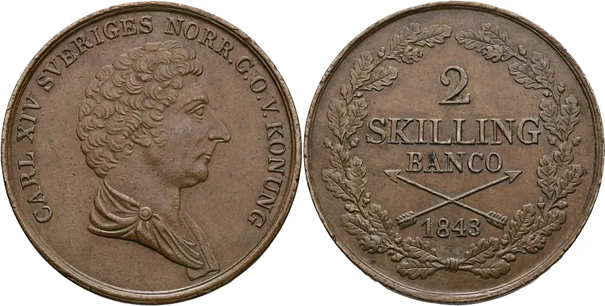 KARL XIV JOHAN (1818-1844). 2 skilling banco 1843