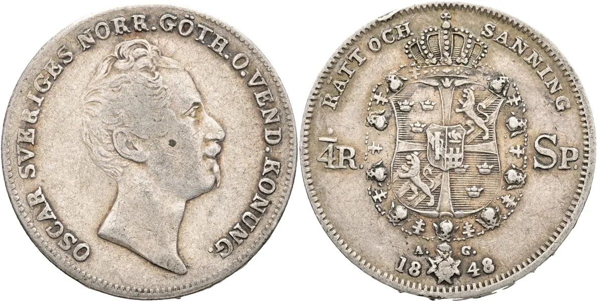 OSKAR I (1844-1859). 1/4 riksdaler specie 1848