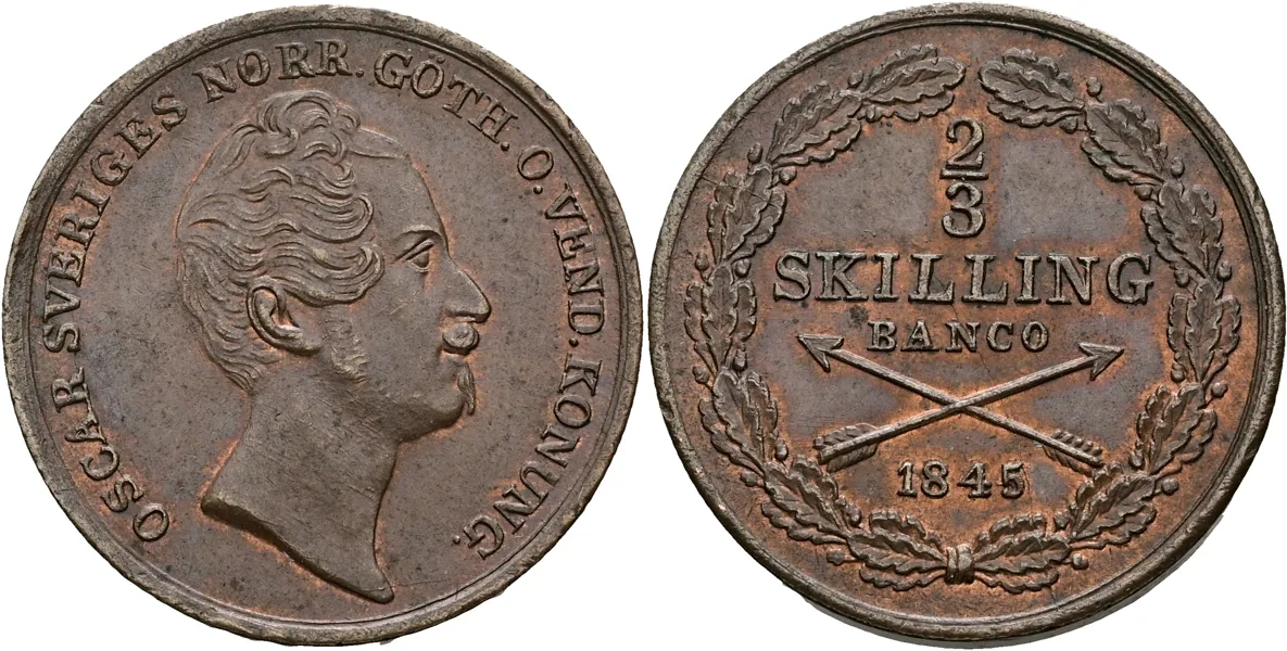 OSKAR I (1844-1859). 2/3 skilling banco 1845