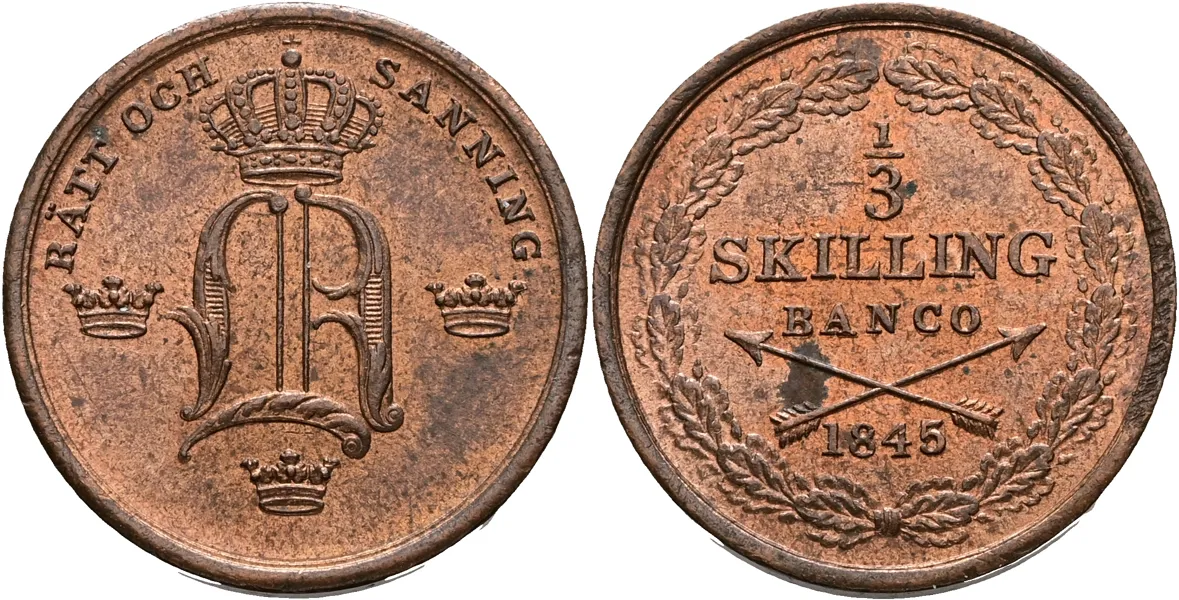 OSKAR I (1844-1859). 1/3 skilling banco 1845