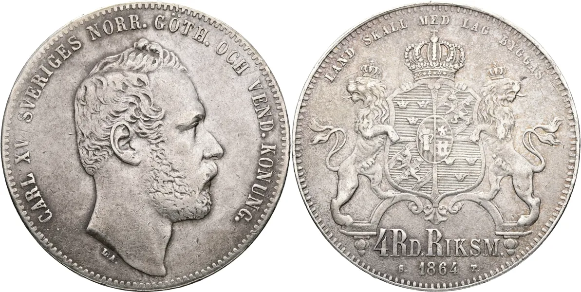 KARL XV (1859-1872). 4 riksdaler riksmynt 1864