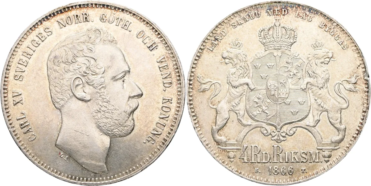 KARL XV (1859-1872). 4 riksdaler riksmynt 1866