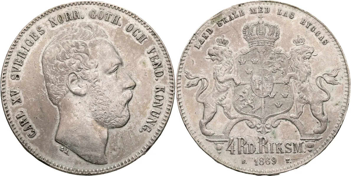 KARL XV (1859-1872). 4 riksdaler riksmynt 1869